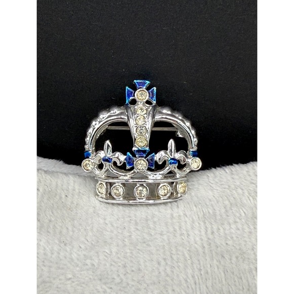 Sarah Coventry Jewelry - Vintage Crown Brooch Silver Tone Blue Rhinestone Signed Sarah Coventry